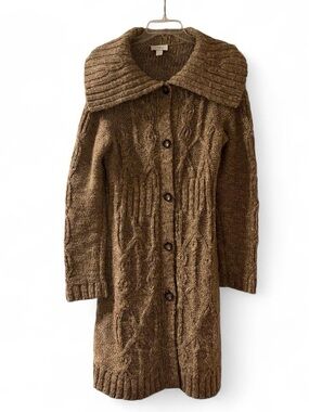 LOFT Brown Cable Knit Long Cardigan with Wide Collar